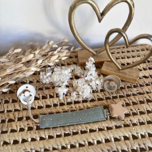 Attache Sucette en Gaze de Coton Vert à pois dorés (Rèf E.S)