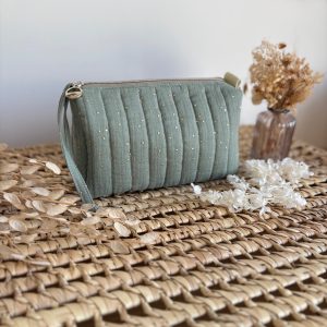 Trousse de Toilette en Gaze de Coton Vert à pois Dorés (Rèf E.S)