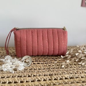 Trousse de Toilette en Gaze de Coton Marsala à pois dorés (Rèf E.S)